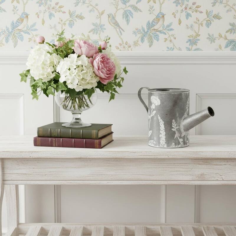 HomeRoots 8" Gray And White Galvanized Metal Flowers Hand Painted Decorative Watering Can - 13.25 in. x 8.25 in. x 6.25 in. - White/Gray - 13.25 in. x 8.25 in.  x 6.25 in.