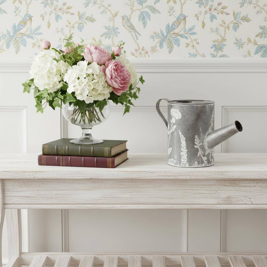 HomeRoots 8" Gray And White Galvanized Metal Flowers Hand Painted Decorative Watering Can - 13.25 in. x 8.25 in. x 6.25 in.