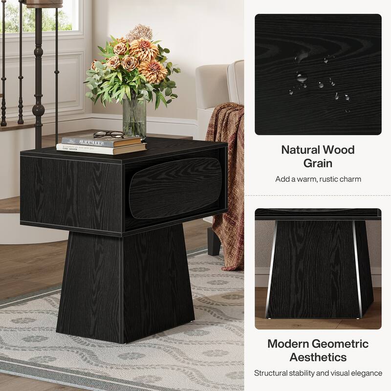 End Table with Drawer Storage, Side Stand for Living Room, Bedroom, Rustic Natural