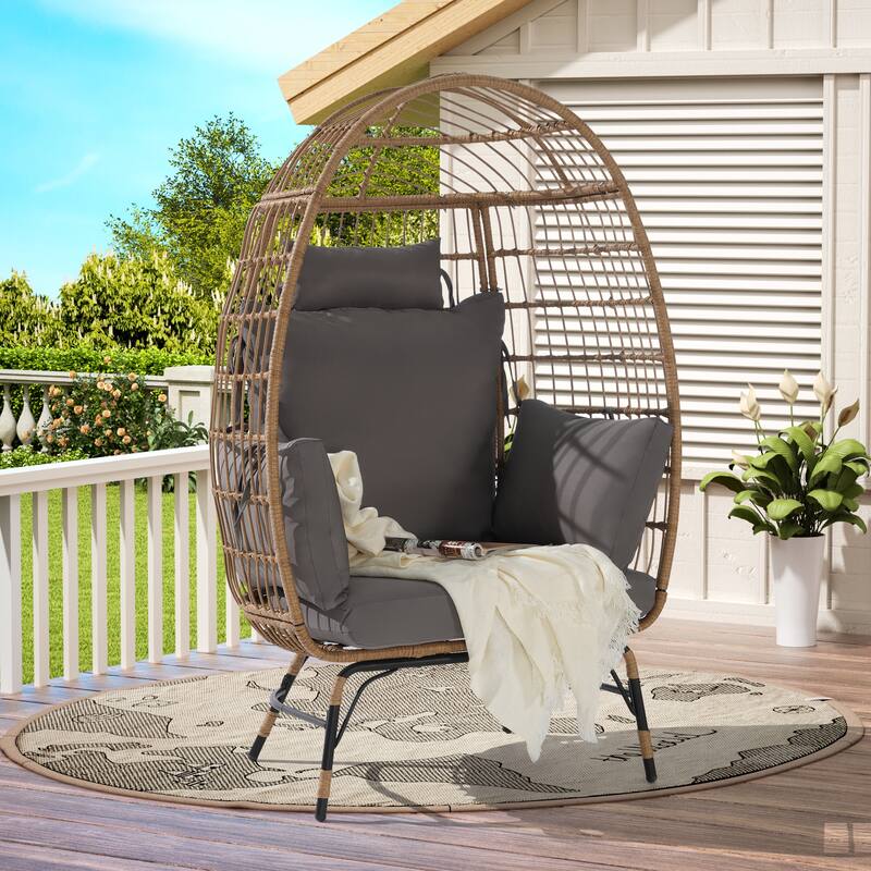 GDFStudio- Serena Oversized Wicker Egg Chair with Cushion and Pillow for Porch, Backyard, or Balcony - Dark Gray