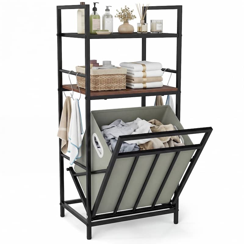 Gymax 2-Tier Laundry Hamper w/Tilt-out BasketLaundry Sorter w/4 Hooks - Black