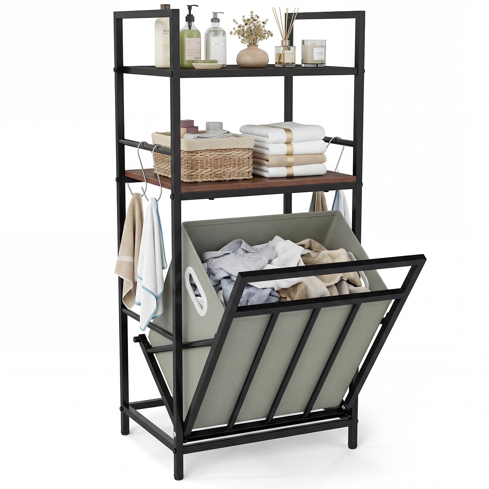 Gymax 2-Tier Laundry Hamper w/Tilt-out BasketLaundry Sorter w/4 Hooks