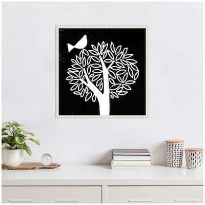 Kate and Laurel Sylvie Black and White Bird Tree Linocut Framed Canvas by Giuliana Lazzerini