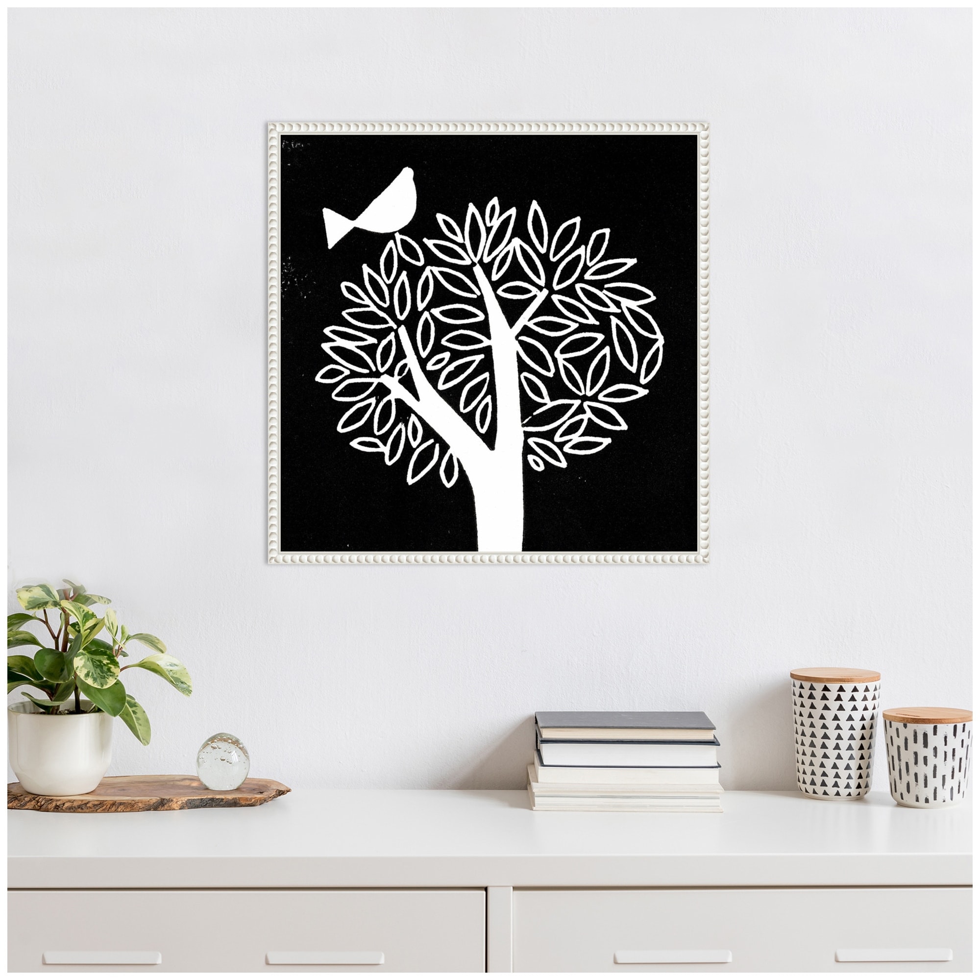 Kate and Laurel Sylvie Black and White Bird Tree Linocut Framed Canvas by Giuliana Lazzerini