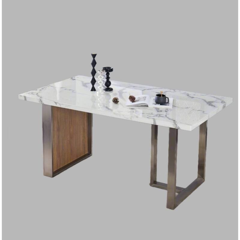 Elegant Luxurious Imitation Marble MDF Dinning Table for 6 or 8, Rectangular 63"L*35.4"W*29.8"H, Walnut+Stainless Steel