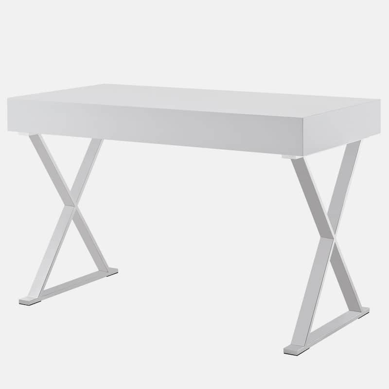 Parker Modern White High Gloss Home Office Computer Writing Desk with Silver Metal Legs