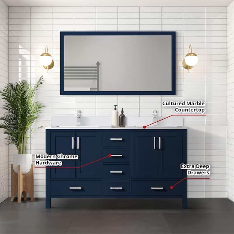 Jacques White Bath Vanity, Cultured Marble Top, Faucet Set and Mirror