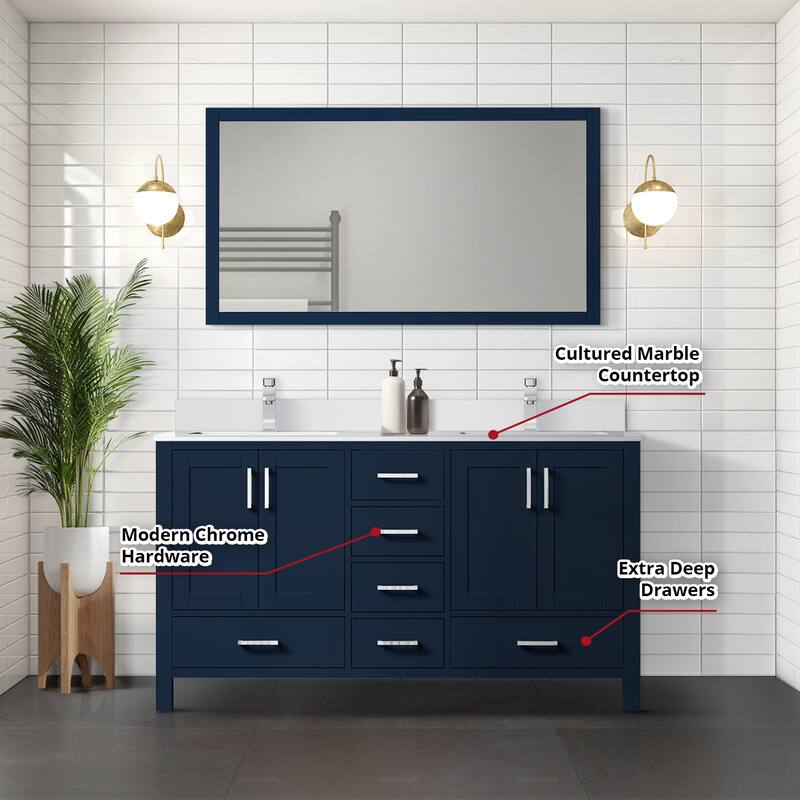 Jacques White Bath Vanity, Cultured Marble Top, Faucet Set and Mirror