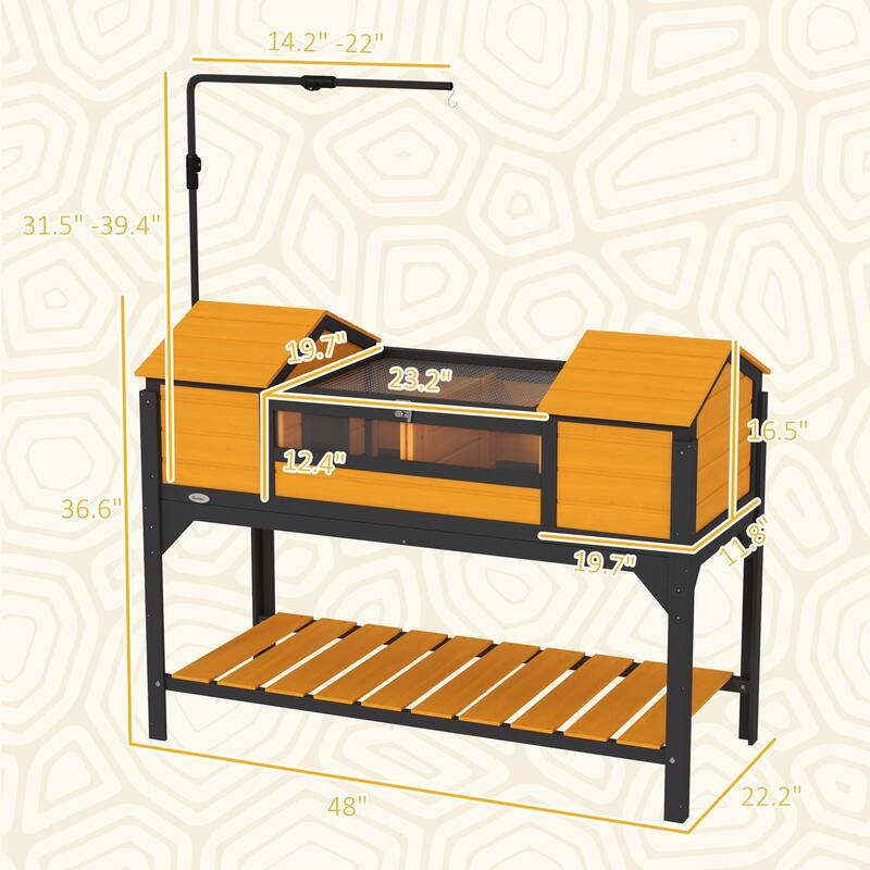 PawHut Tortoise Habitat with Adjustable Lamp Holder, Wooden Tortoise Enclosure with Storage Shelf, Dual Main Houses