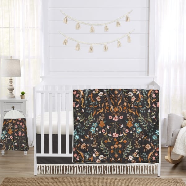 slide 2 of 6, Sweet Jojo Designs Boho Wildflower Vintage Floral Girl 4p Nursery Crib Bedding Set Black Orange Bohemian Farmhouse Cottagecore