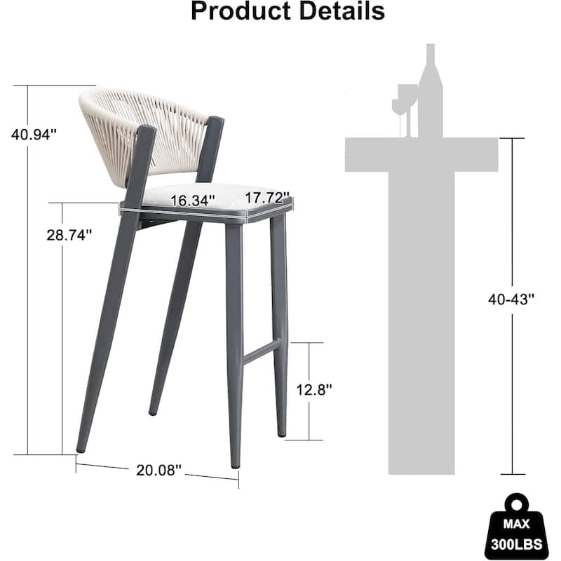 PURPLE LEAF Bar Stool Set of 2 Outdoor Rattan Bar Chair with Back Metal Bar Height Stool Wicker Barstool Dark Grey - N/A