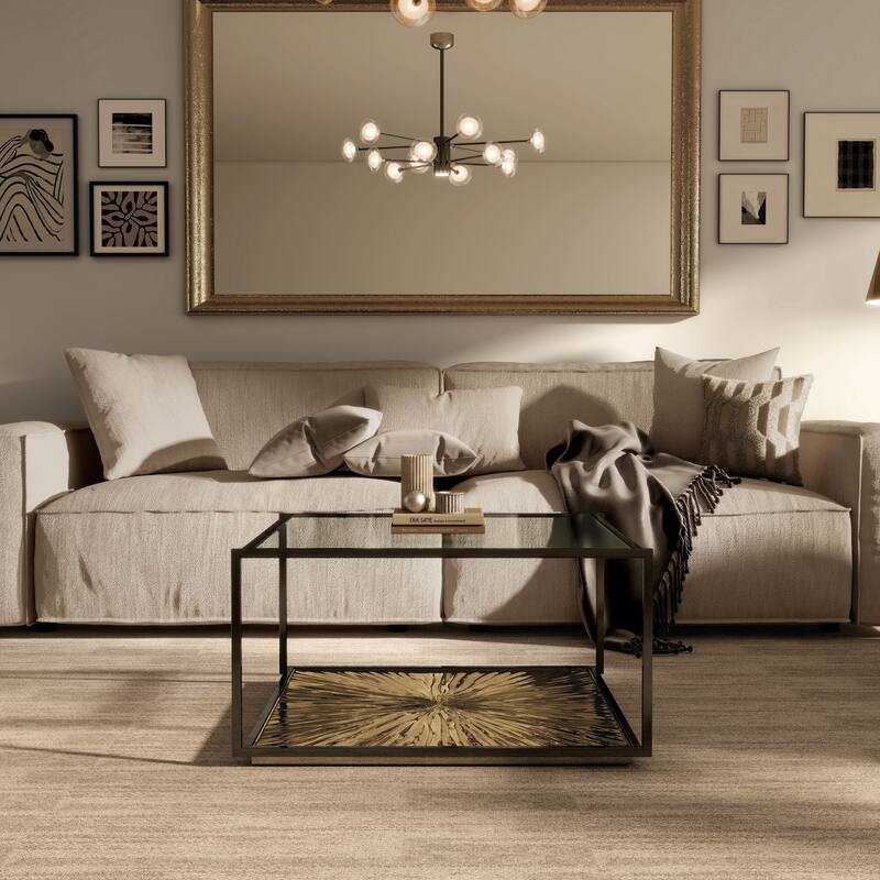 247 Shop At Home Aureum Modern 1-Shelf Coffee Table with Sunburst Base and Tempered Glass Top