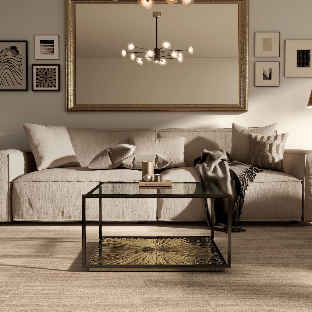 247 Shop At Home Aureum Modern 1-Shelf Coffee Table with Sunburst Base and Tempered Glass Top