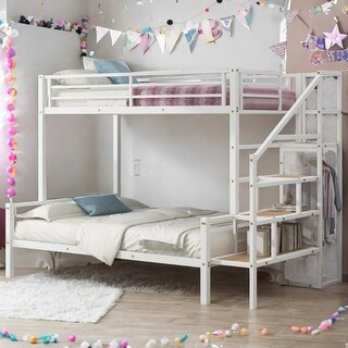 Twin over Full Metal Bunk Bed with Storage Staircase and Small Open Wardrobe