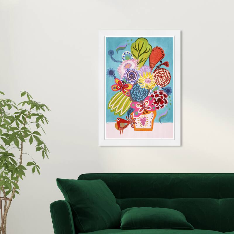 "Colorful Floral Butterflies", Boho Birds and Flowers Modern Blue Framed Wall Art Print for Bedroom