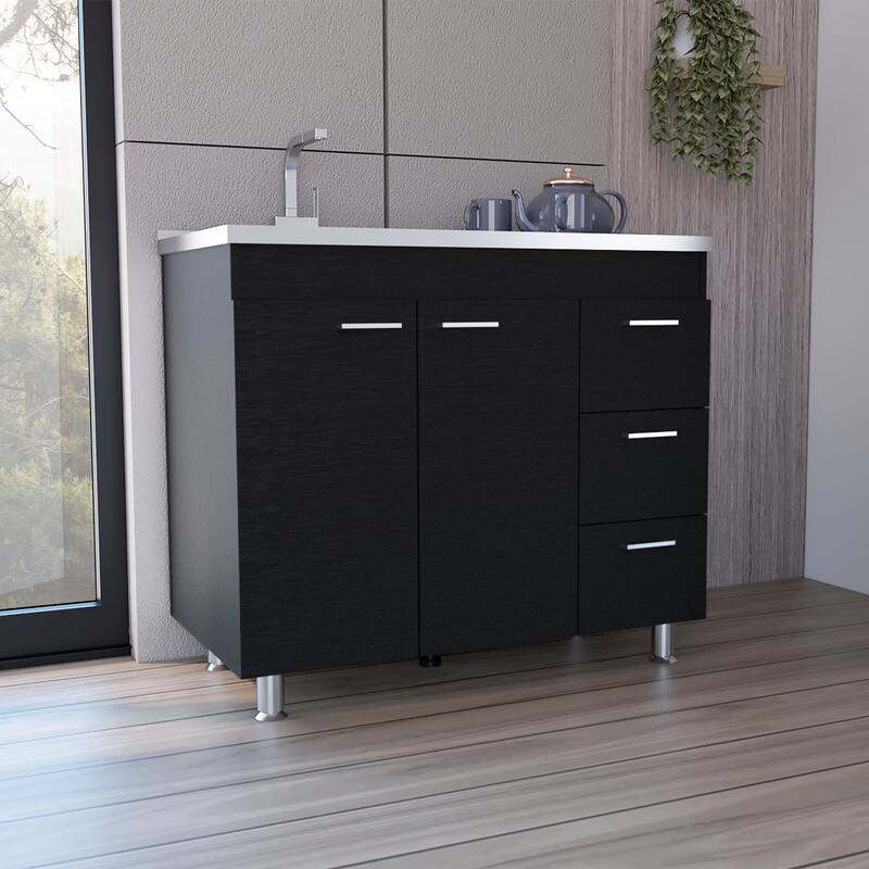 39-inch Wide Double Door Utility Sink cabinet with 3 Drawers - N/A