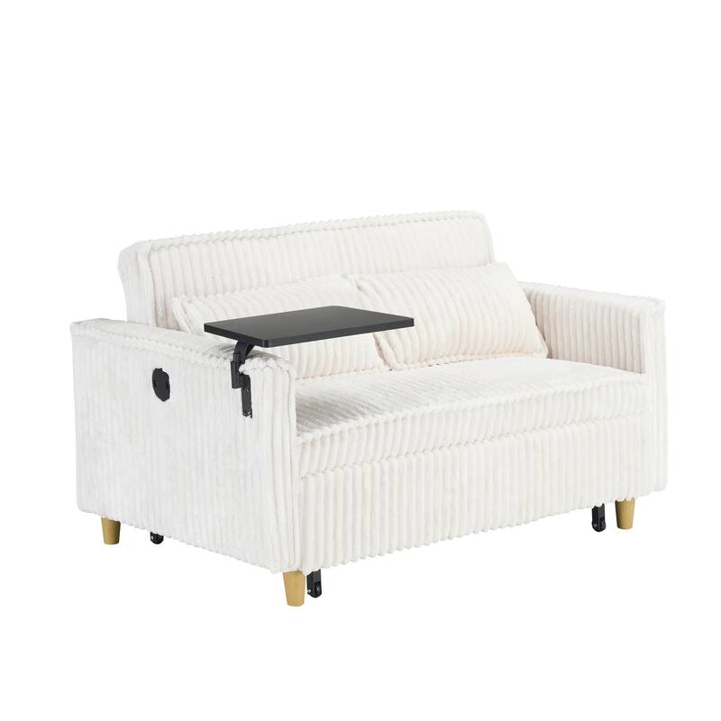 Beige Corduroy Pull-out and Push-in Sofa with Movable Tabletop and USB Ports