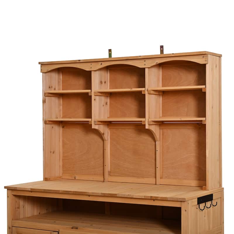 45" Fir Wood Outdoor Potting Bench with Hutch, Cabinets, and Drawers