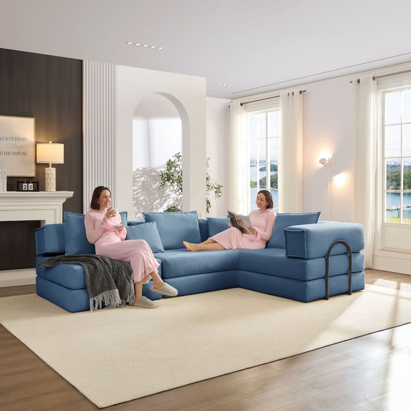 DIY Modular Corduroy L-Shaped Floor Sofa Set with 6 Pillows