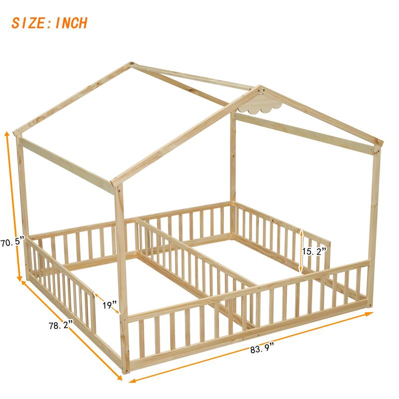 Twin Size Pine Wood House-Style Floor Panel Bed with Fence and Guardrails - No Door Version