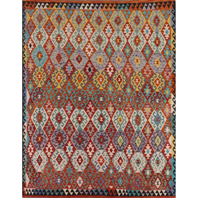 Reversible Kilim Area Rug Hand-Woven Geometric Oriental Wool Carpet - 8'1" x 9'9"