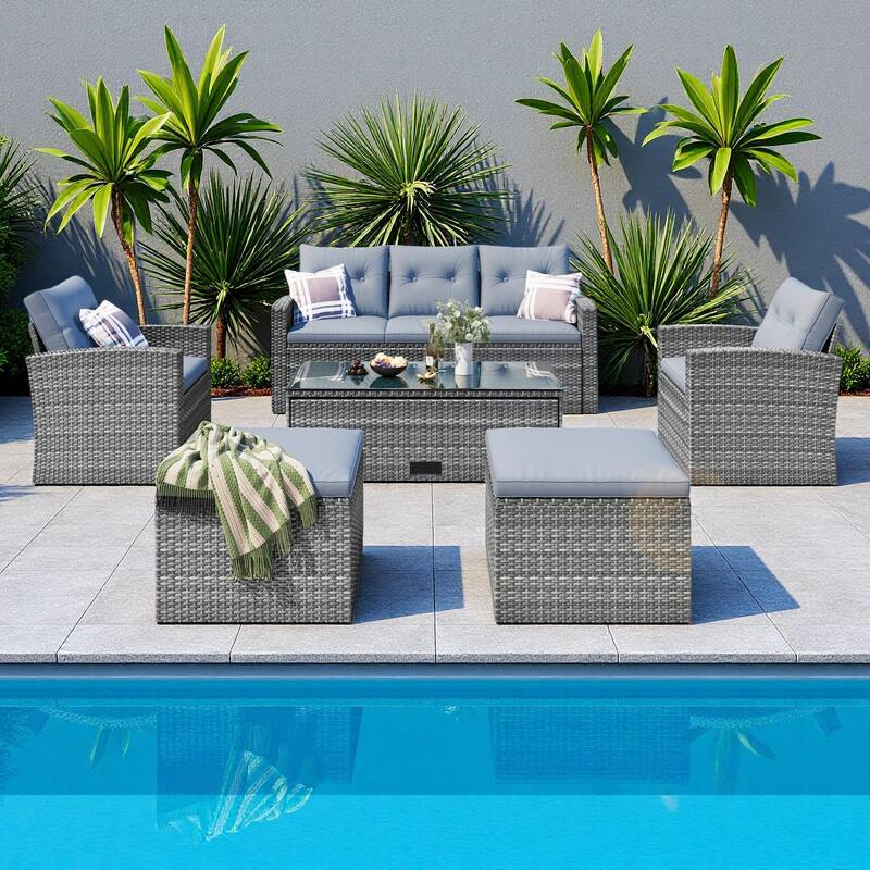 6-Pieces Outdoor Rattan Conversation Sofa Set with Coffee Table and 2 Ottoman - Gray