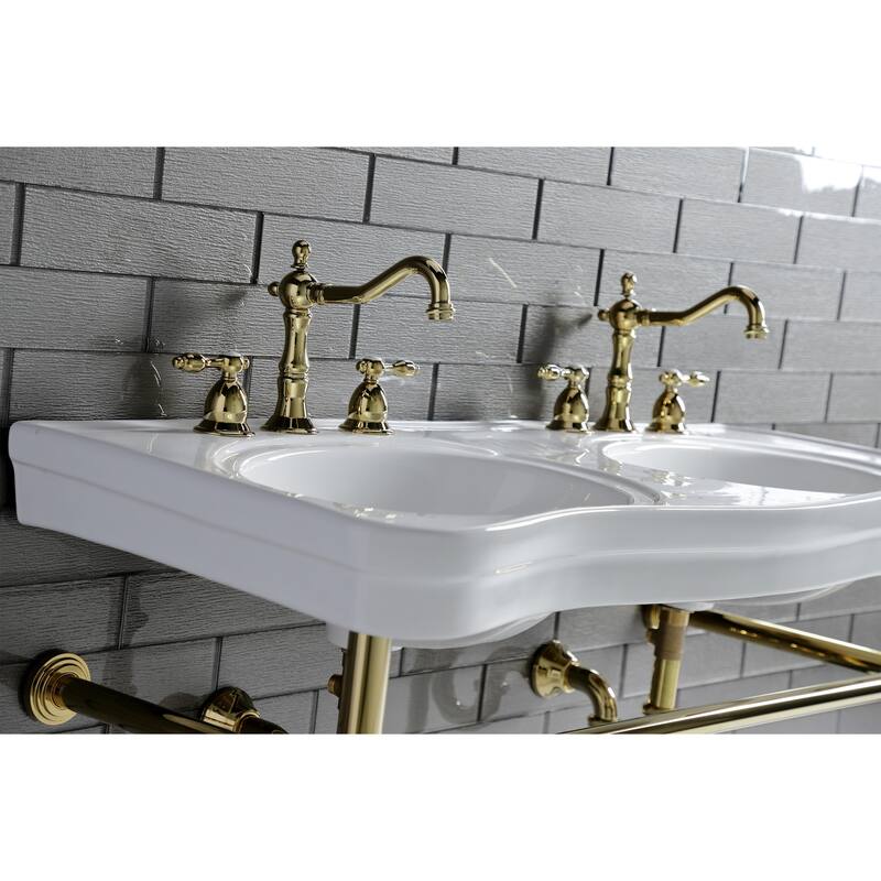 Tudor Deck Mount Widespread Bathroom Faucet with Brass Pop-Up