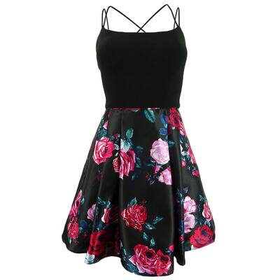 Blondie Nites Juniors' Floral-Print Fit & Flare Dress (0, Black Multi)