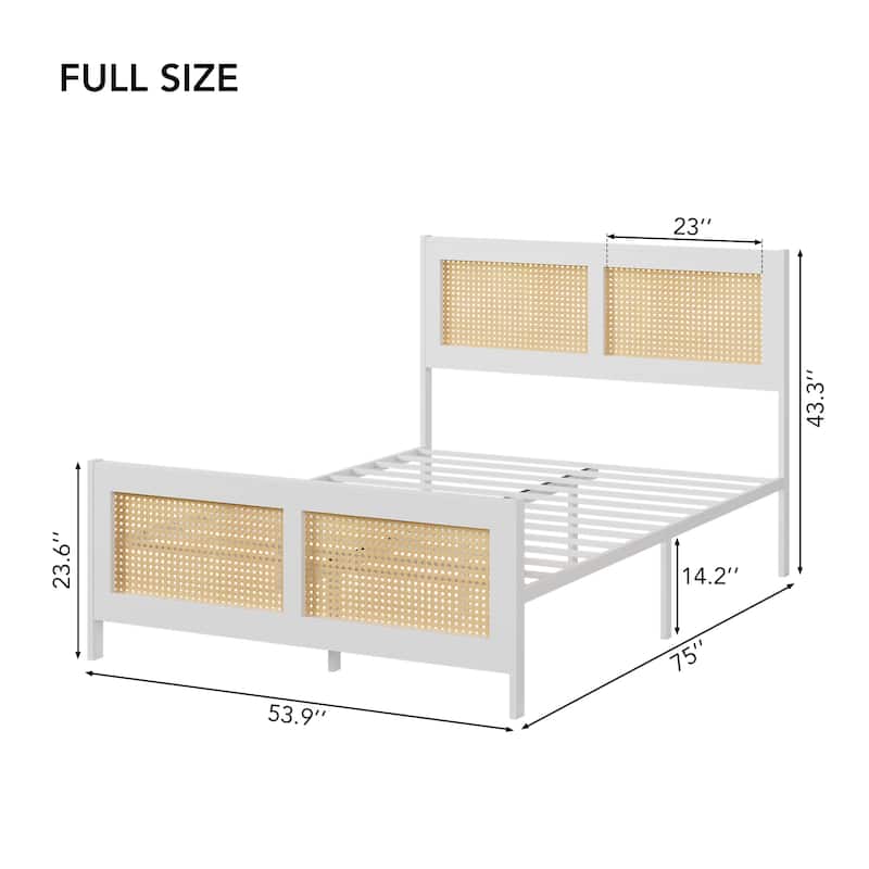 Rattan Bed Frame with Headboard, White Boho Cane Platform Bed Frame with Strong Metal Slat, Noise Free
