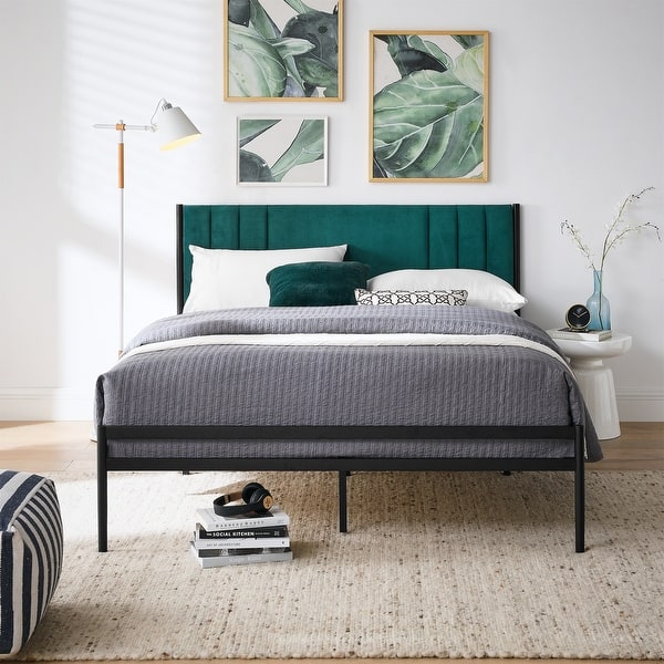 BIKAHOM Modern Mid-Century Bed Frame with Velvet Tufted Headboard ...