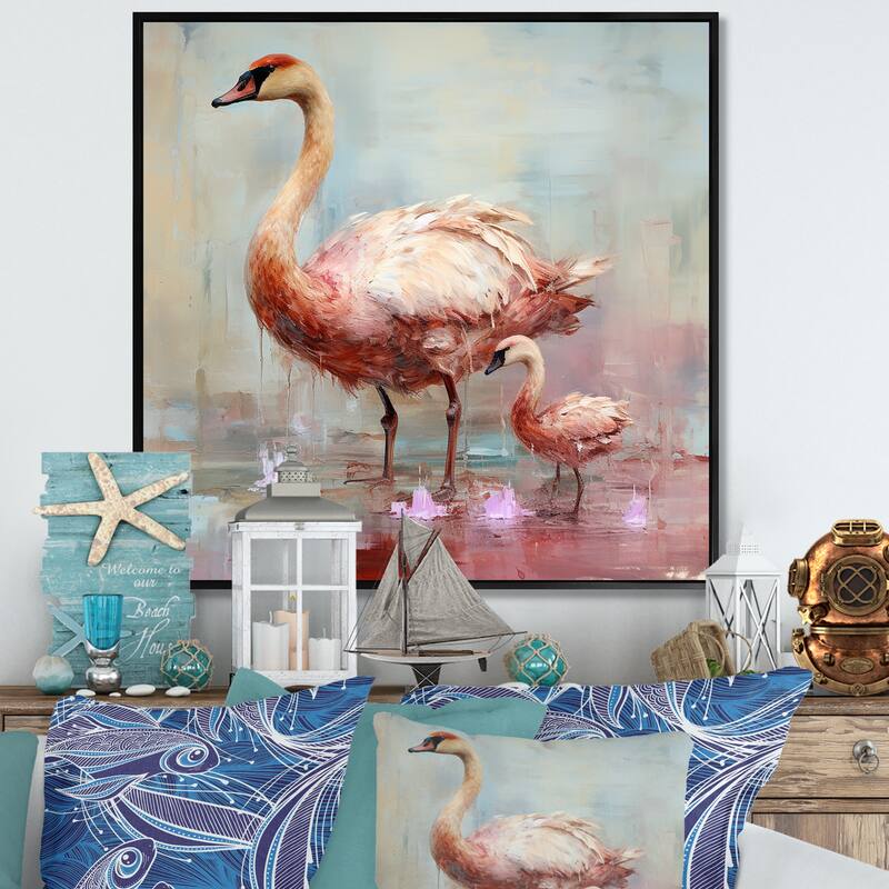 Designart "Pink Blooming Swan Beauty" Swans Pink Wall Decor - Modern Entryway Framed Wall Art Print - 30 in. wide x 30 in. high - Black