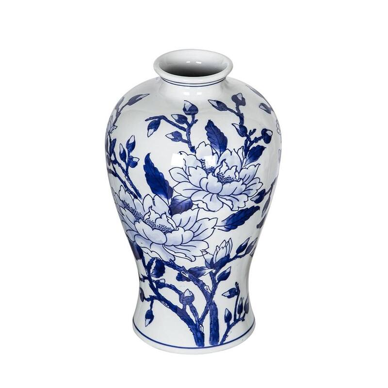 13" Blue And White Floral Chinoiserie Round Porcelain Table Vase - 8.00