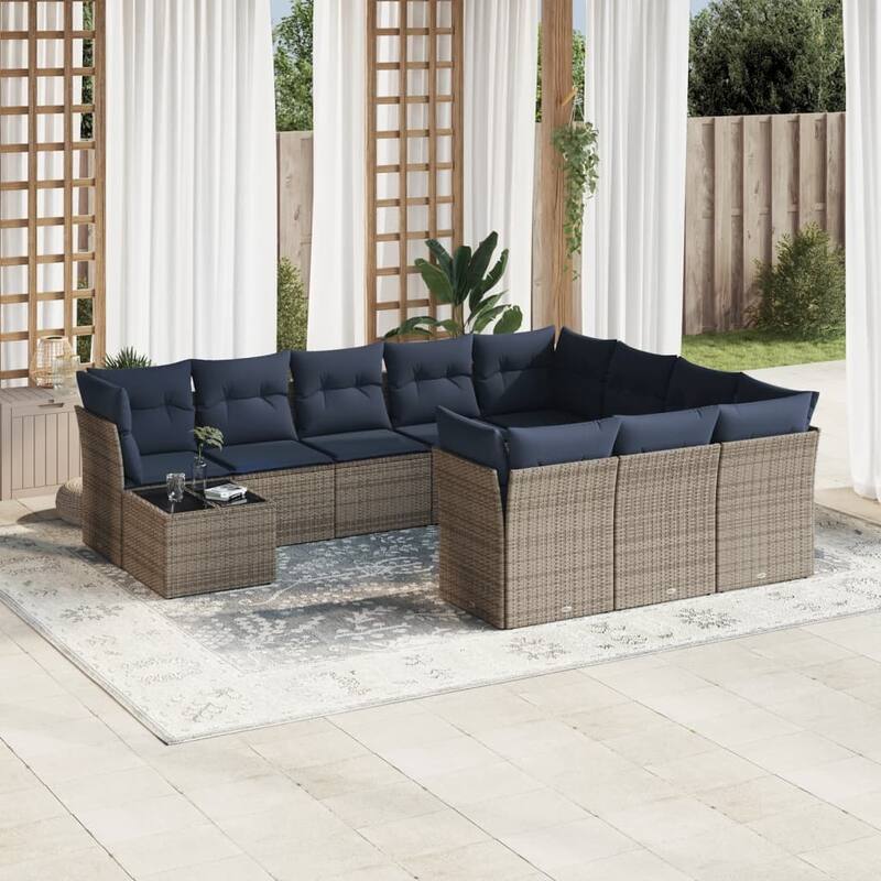 vidaXL 11 Piece Patio Sofa Set with Cushions Brown/Gray Poly Rattan - 21.7 x 24.4 x 27.2 - Beige and gray