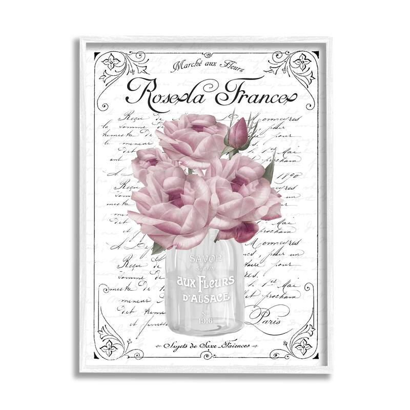 Stupell Pink Roses Bouquet French Words Fancy Script Background Framed Wall Art, Design by Lettered and Lined - 24 x 30 - White
