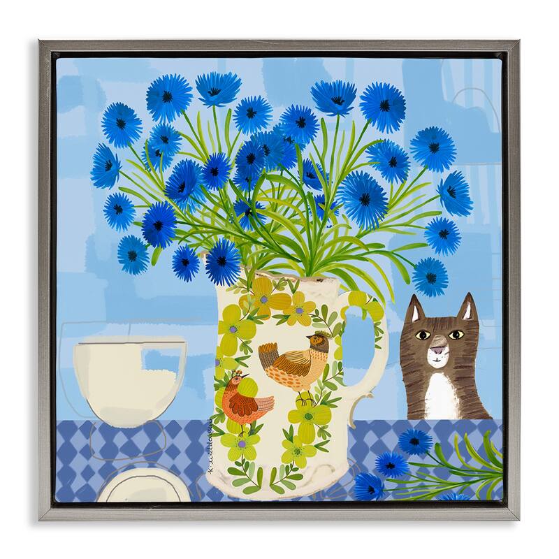Stupell Whimsical Jug of Cornflowers Framed Floater Canvas Wall Art Design By Kay Widdowson - 18 x 18 - Grey