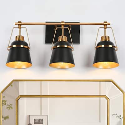 Modern Contemporary Black Gold 3-Light Bathroom Vanity Lights with Cone Metal Shade - L 21.5'' x W 5.7'' x H 10''
