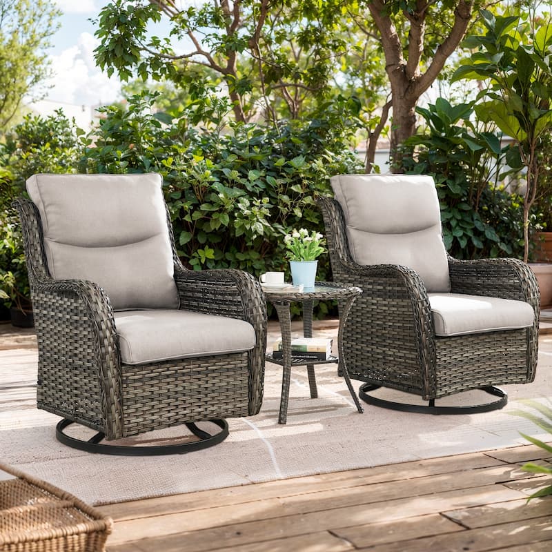 3 Piece Wicker Rocking Charis with Rattan Side Table - Grey - Beige - Grey