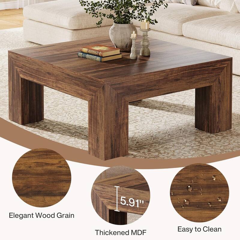 39.4" Square Coffee Table for Living Room, Farmhouse Center Cocktail Table (MDF) - 39.4" L x 39.4" W x 19.7" H