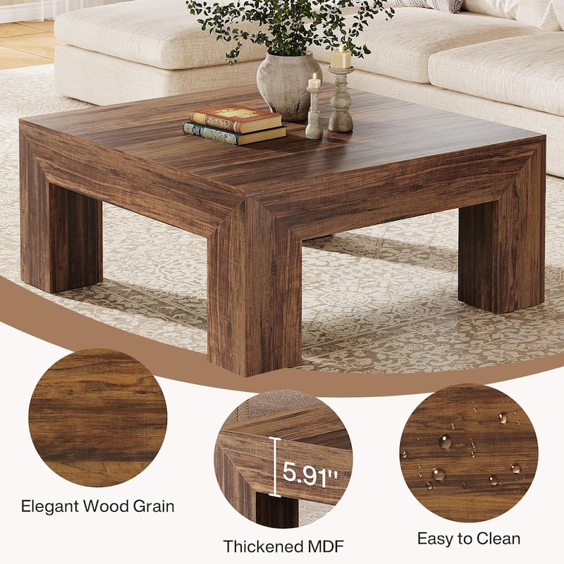 39.4-Inch Square Coffee Table for Living Room, Farmhouse All Wooden Center Table