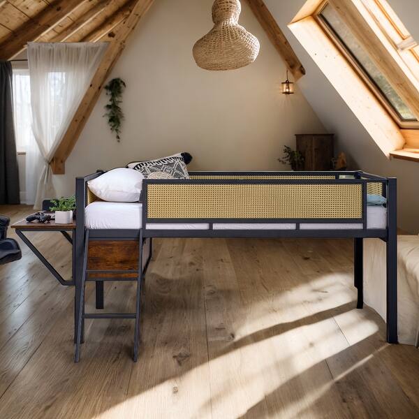 slide 2 of 30, Twin Size Metal Loft Bed with Rectangular Desk,LED Lights,Storage Shelves Black+Brown