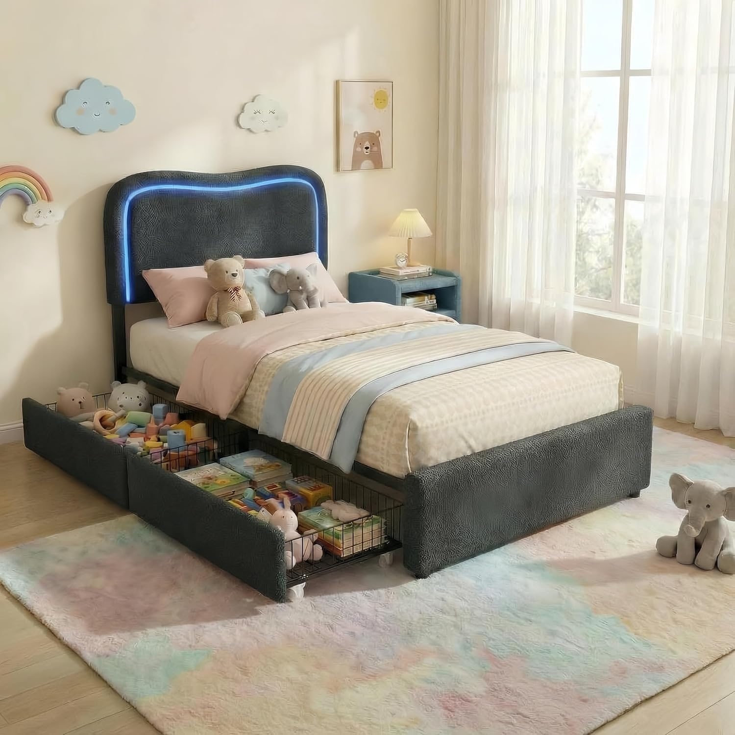 Bed Frame with 2 Storage Drawers,Bedroom Platform Bed with Headboard, No Box Spring Needed, Noise-Free, Easy to assemble