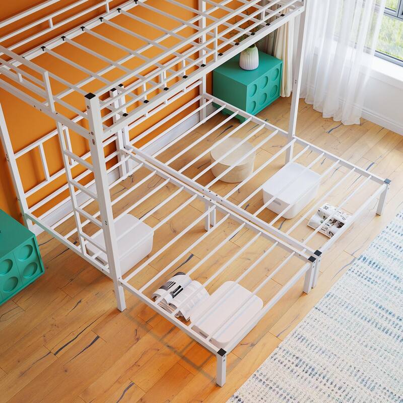 Twin Over Twin Over Twin Bunk Bed, Metal Triple Twin Bed with Safety Guardrails and Ladder, Convertible 3 Beds