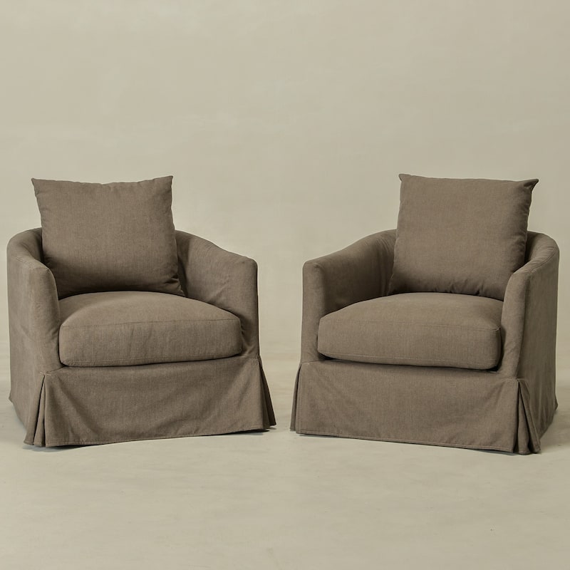 KINWELL 32" W Down Fill Upholstered Slipcovered Swivel Barrel Accent Armchair