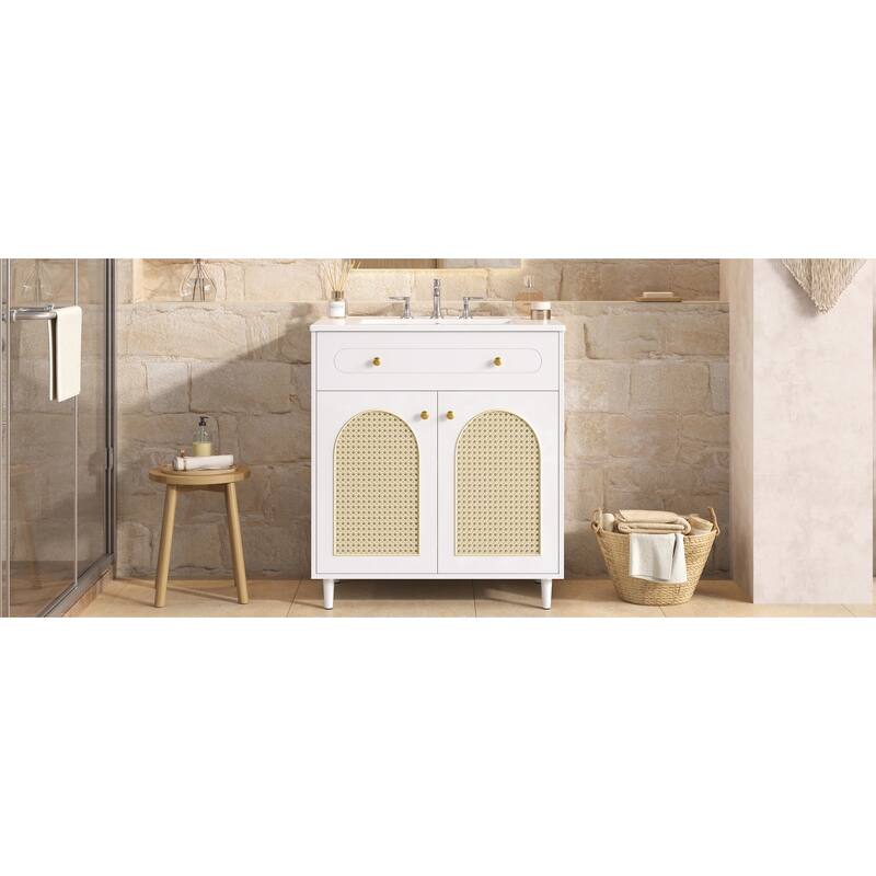 30" Bathroom Vanity with Ceramic Sink, Solid Wood Frame Bathroom Sink Cabinet with Adjustable Shelf, Tip-Drawer