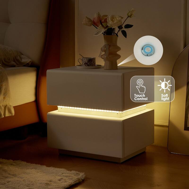 LED Light Bar Nightstand, 2 Drawer Modern Leather Wrapped Nightstand for End of Bed, Side Table, No Assembly Required - White