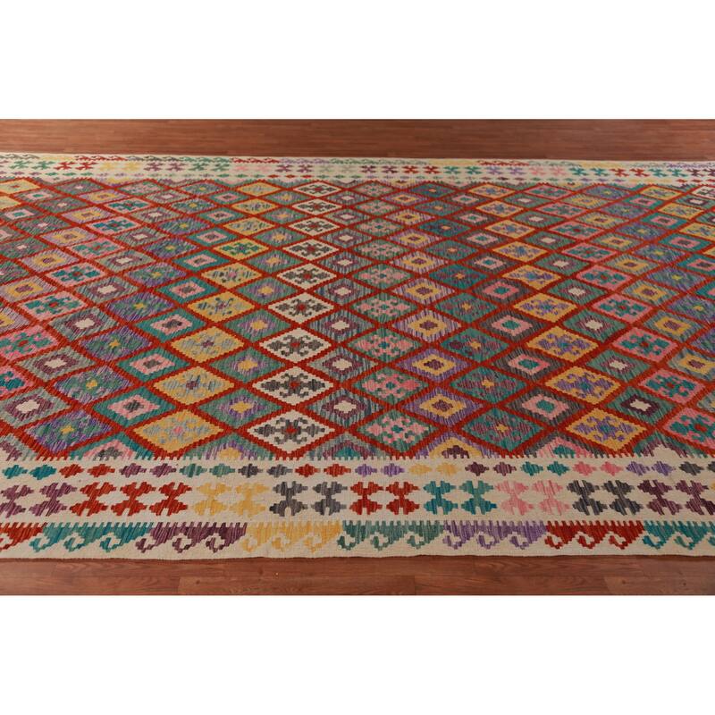 Trellis Kilim Oriental Large Rug Hand-Woven Wool Carpet - 10'3"x 16'2"
