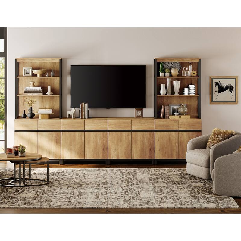 WAMPAT Modern TV Stand with 3 Tiers Bookshelf, Farmhouse Entertainment Center with 4 Large Storage Cabinets and Adjustable Shelf