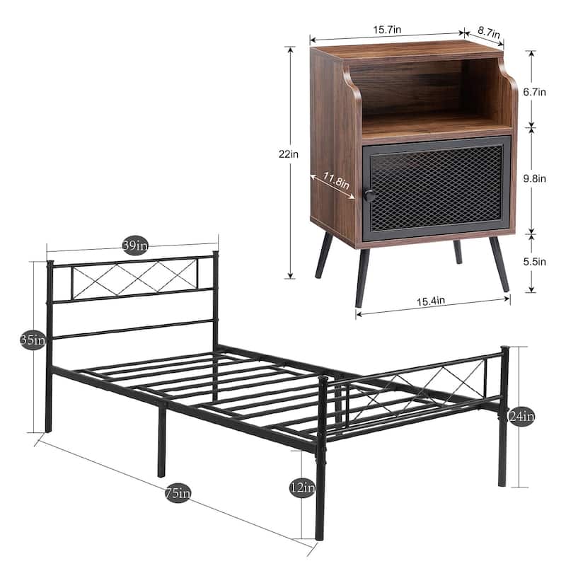 Taomika 3-pieces Bed Frame and Brown Nightstands Sets
