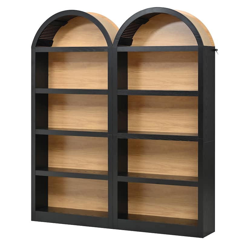 3-Piece TV Stand Set with Bookshelf for TVs Up to 70", Wood Grain Entertainment Center with Arched Design, Tempered Glass Doors