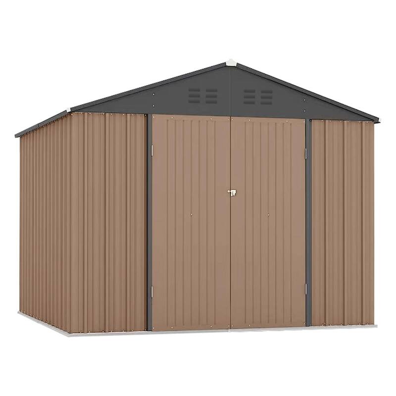 8x8 FT Metal Outdoor Storage Shed, Steel Utility Tool Shed Storage House with Lockable Door Design - Brown